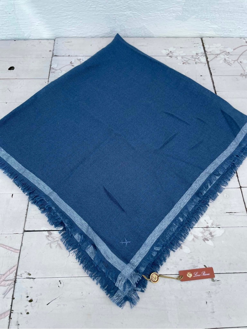 Loro Piana Deep Blue Wool-Silk Scarf with Light Blue Trim